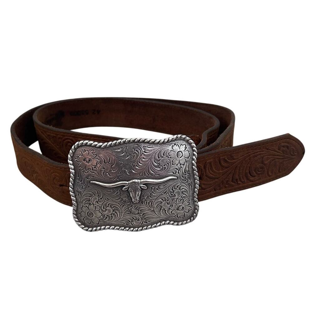 Nocona Tooled Leather Western Belt Size 42 Silver Statement Buckle